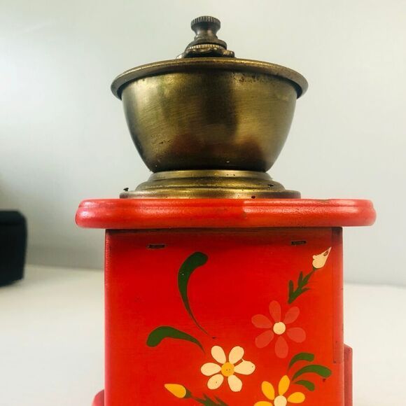 vintage hand painted grinder red with flowers folkart decor kitchen grandma - Picture 9 of 14